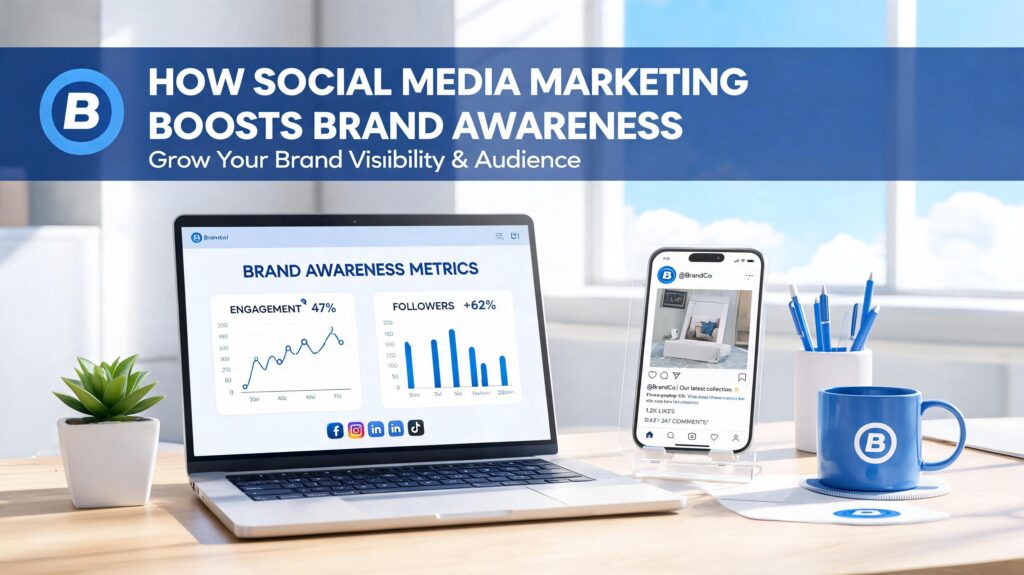 “A clean social media engagement illustration showing a smartphone in the center with floating likes, comments, shares, and direct message icons around it.”
